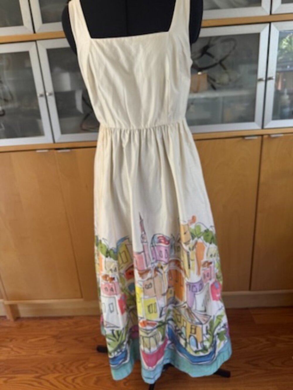 Boden Scenic Print Midi Dress Size 6R Cream Cotton Sleeveless Italy/Venice Lands - Picture 5 of 9